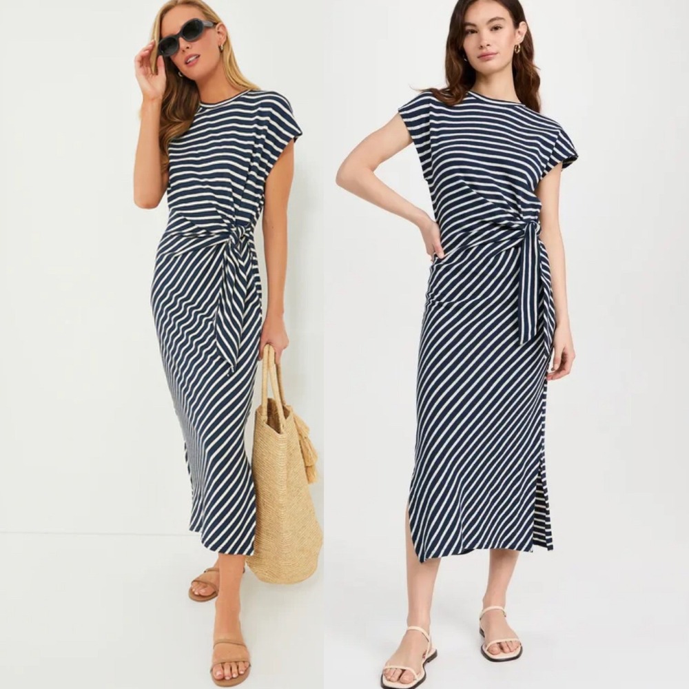 Apiece Apart Navy Blue Cream Striped Maxi Dress Vanina Cotton Size XL Belted Tie